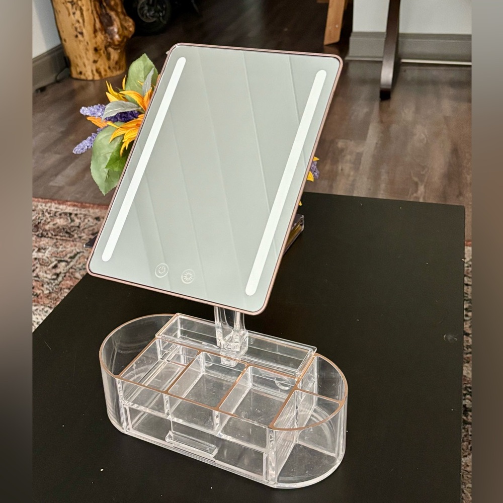 LED Makeup Mirror with Organizer - Rose Gold